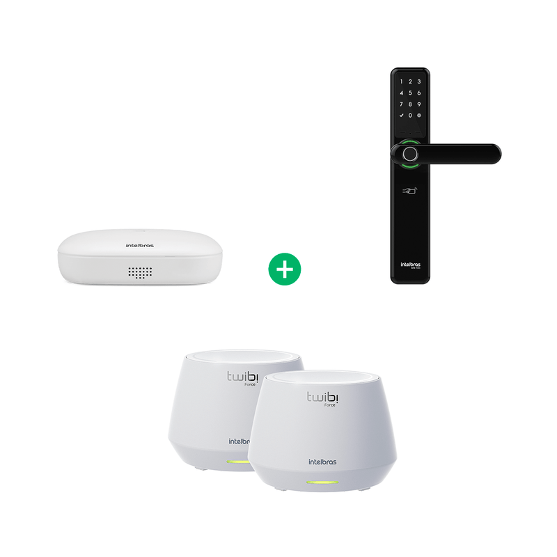 Kit Wi-Fi 6 Mesh com Fechadura Inteligente Intelbras MFR 7000 + Hub MCA 1001 + Conjunto Twibi AX